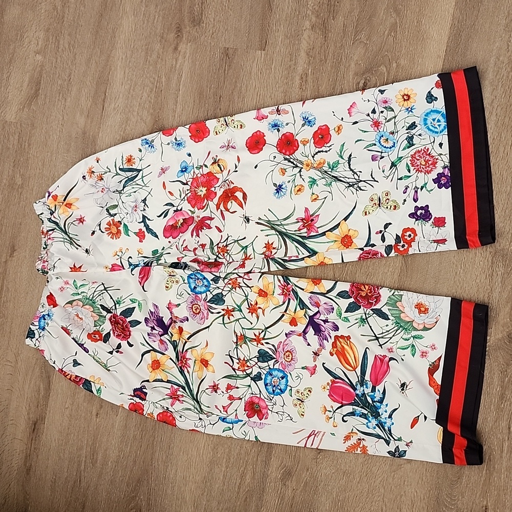 Floral Unique Print Elastic Waist Pocketed Wide Leg Pants